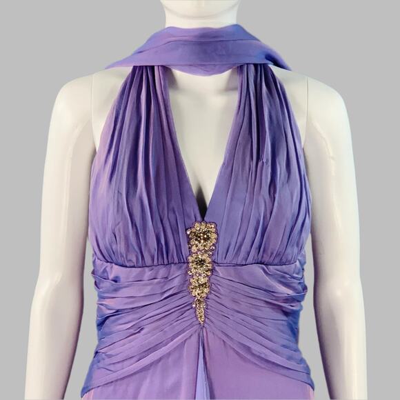 BADGLEY MISCHKA Size S Purple Lilac Silk Iridescent Halter Evening Gown - Picture 2 of 13